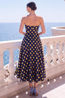 Load image into Gallery viewer, A Line Blue Floral Strapless Long Wedding Guest Dress