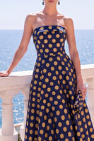 Load image into Gallery viewer, A Line Blue Floral Strapless Long Wedding Guest Dress