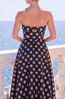 Load image into Gallery viewer, A Line Blue Floral Strapless Long Wedding Guest Dress