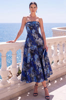Load image into Gallery viewer, A Line Blue Floral Strapless Long Wedding Guest Dress