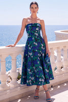 Load image into Gallery viewer, A Line Blue Floral Strapless Long Wedding Guest Dress