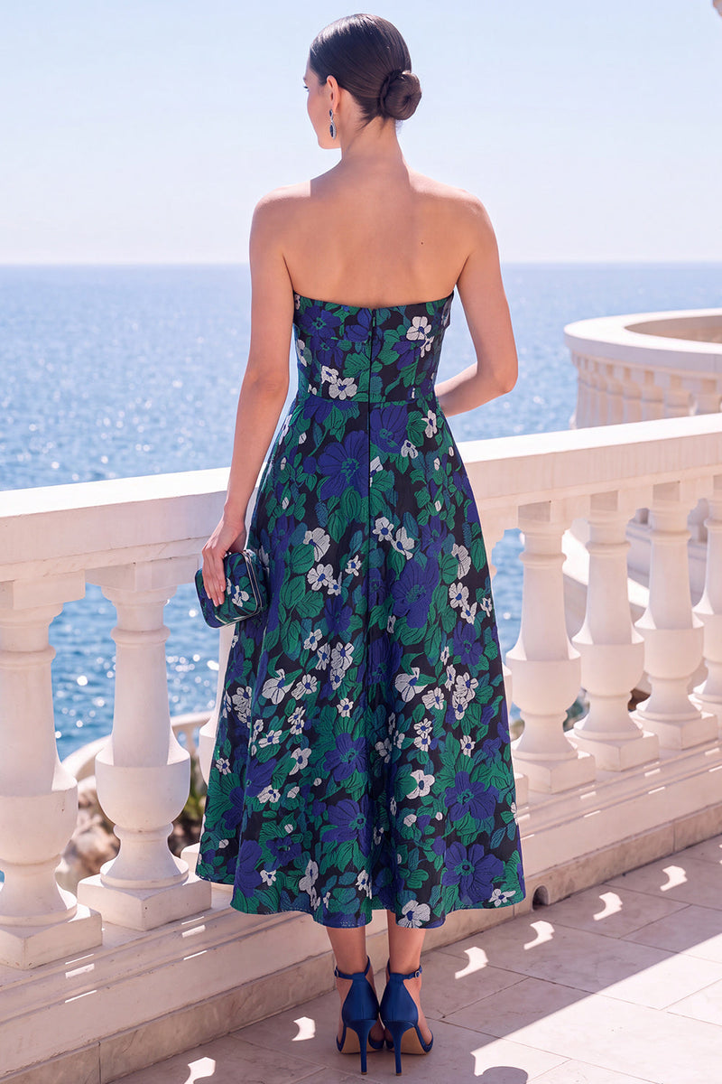 Load image into Gallery viewer, A Line Blue Floral Strapless Long Wedding Guest Dress