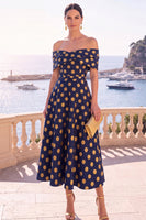 Load image into Gallery viewer, Navy Red Floral Off the Shoulder A Line Long Wedding Guest Dress