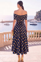 Load image into Gallery viewer, Navy Red Floral Off the Shoulder A Line Long Wedding Guest Dress