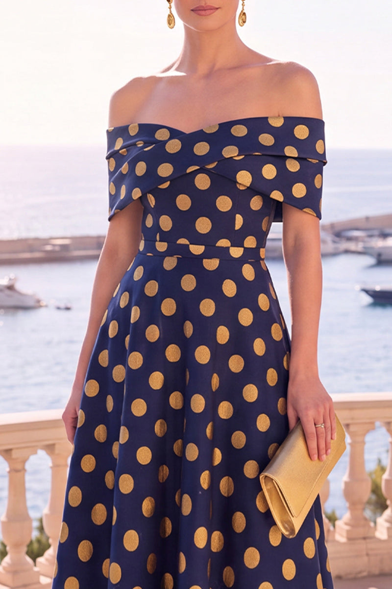 Load image into Gallery viewer, Navy Red Floral Off the Shoulder A Line Long Wedding Guest Dress