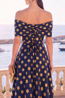 Load image into Gallery viewer, Navy Red Floral Off the Shoulder A Line Long Wedding Guest Dress