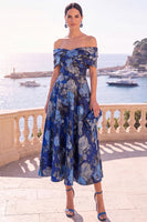 Load image into Gallery viewer, Navy Red Floral Off the Shoulder A Line Long Wedding Guest Dress