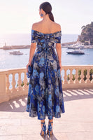 Load image into Gallery viewer, Navy Red Floral Off the Shoulder A Line Long Wedding Guest Dress