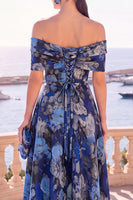 Load image into Gallery viewer, Navy Red Floral Off the Shoulder A Line Long Wedding Guest Dress