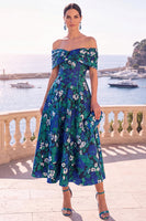 Load image into Gallery viewer, Navy Red Floral Off the Shoulder A Line Long Wedding Guest Dress