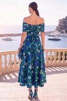 Load image into Gallery viewer, Navy Red Floral Off the Shoulder A Line Long Wedding Guest Dress