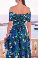 Load image into Gallery viewer, Navy Red Floral Off the Shoulder A Line Long Wedding Guest Dress