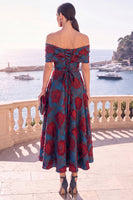 Load image into Gallery viewer, Navy Red Floral Off the Shoulder A Line Long Wedding Guest Dress
