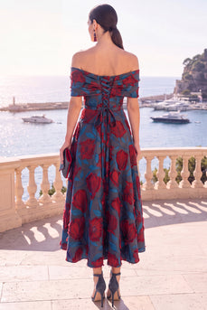 Navy Red Floral Off the Shoulder A Line Long Wedding Guest Dress