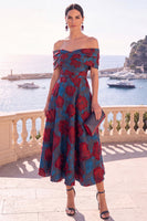 Load image into Gallery viewer, Navy Red Floral Off the Shoulder A Line Long Wedding Guest Dress