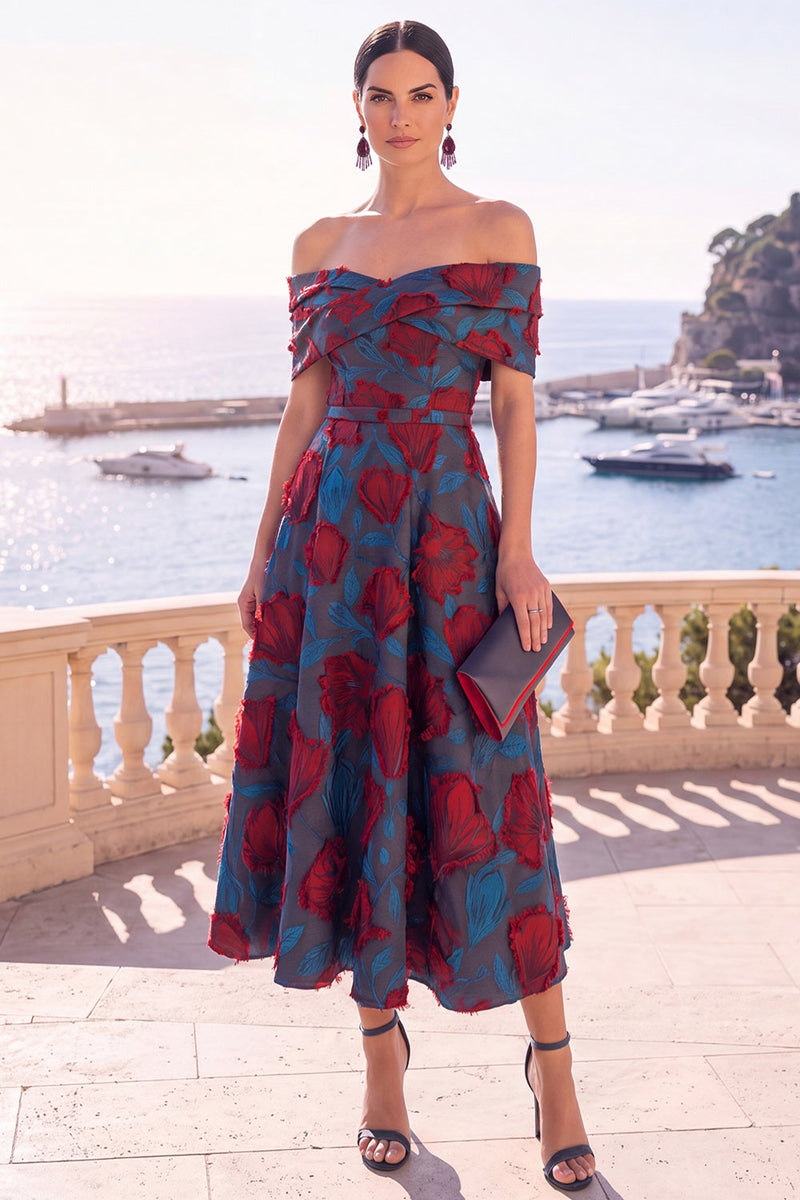 Load image into Gallery viewer, Navy Red Floral Off the Shoulder A Line Long Wedding Guest Dress
