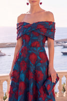 Load image into Gallery viewer, Navy Red Floral Off the Shoulder A Line Long Wedding Guest Dress