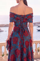 Load image into Gallery viewer, Navy Red Floral Off the Shoulder A Line Long Wedding Guest Dress
