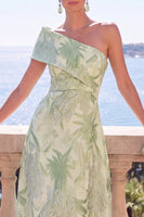 Load image into Gallery viewer, A Line Blue Floral Printed One Shoulder Long Wedding Guest Dress