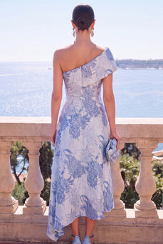 A Line Blue Floral Printed One Shoulder Long Wedding Guest Dress