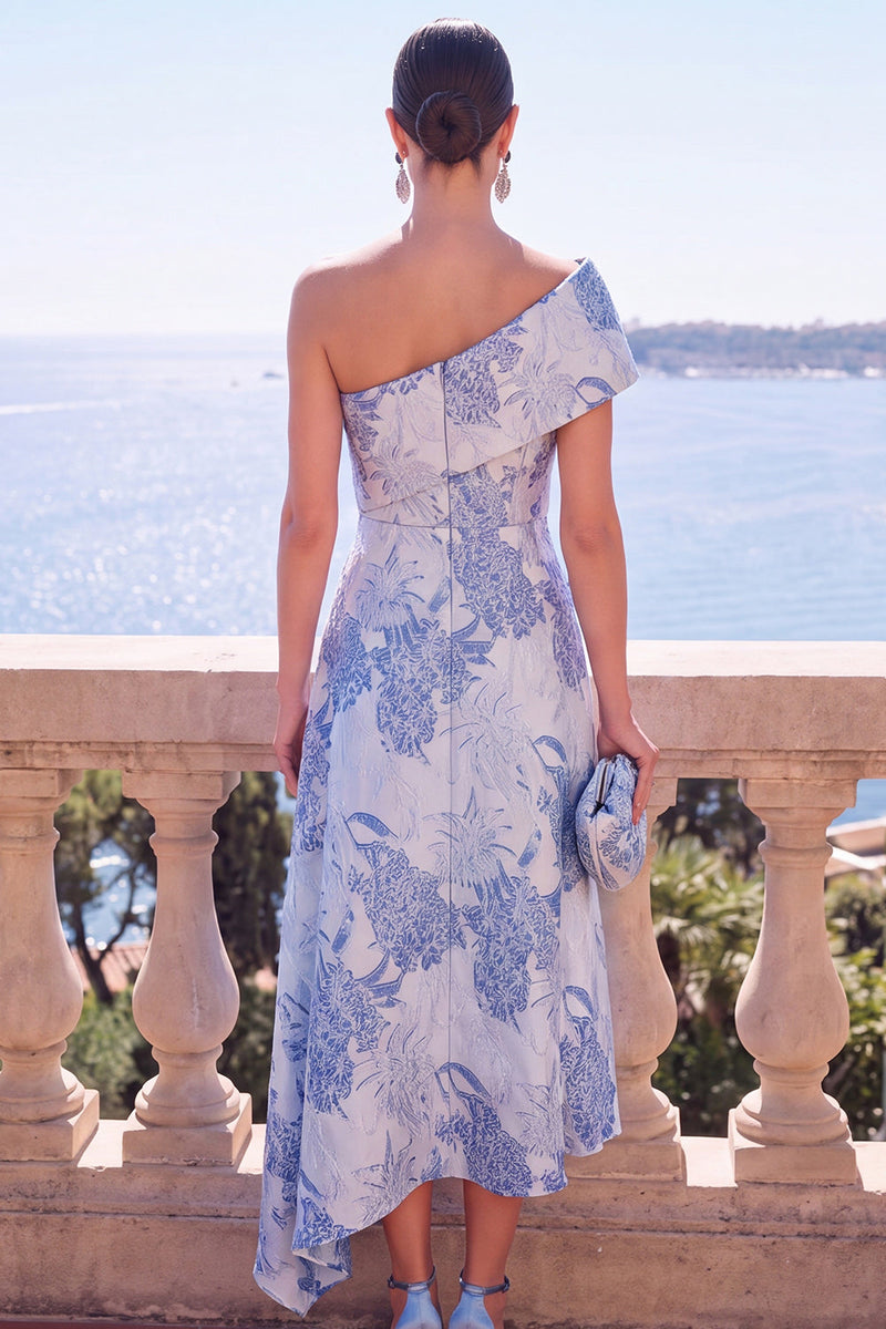 Load image into Gallery viewer, A Line Blue Floral Printed One Shoulder Long Wedding Guest Dress