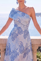 Load image into Gallery viewer, A Line Blue Floral Printed One Shoulder Long Wedding Guest Dress