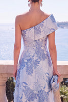 Load image into Gallery viewer, A Line Blue Floral Printed One Shoulder Long Wedding Guest Dress