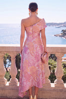 Load image into Gallery viewer, A Line Blue Floral Printed One Shoulder Long Wedding Guest Dress