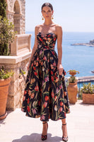 Load image into Gallery viewer, Floral Black A Line Sweetheart Ruched Long Wedding Guest Dress