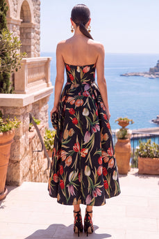 Floral Black A Line Sweetheart Ruched Long Wedding Guest Dress