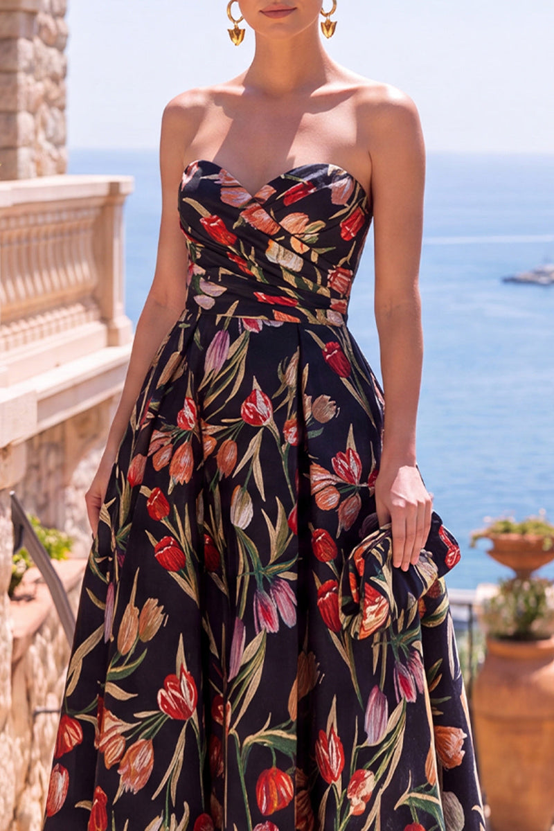 Load image into Gallery viewer, Floral Black A Line Sweetheart Ruched Long Wedding Guest Dress