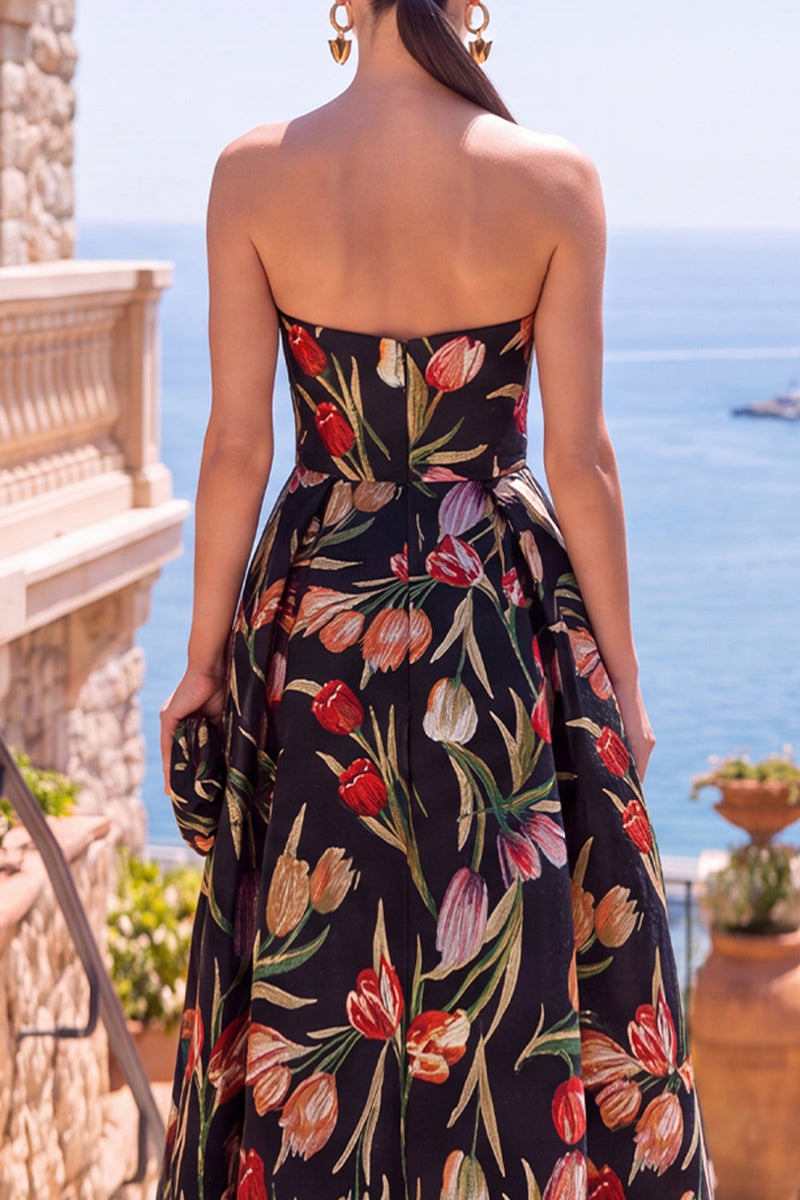 Load image into Gallery viewer, Floral Black A Line Sweetheart Ruched Long Wedding Guest Dress
