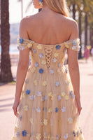 Load image into Gallery viewer, Floral Red Off the Shoulder A Line Tulle Long Wedding Guest Dress