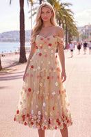 Load image into Gallery viewer, Floral Red Off the Shoulder A Line Tulle Long Wedding Guest Dress