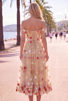 Floral Red Off the Shoulder A Line Tulle Long Wedding Guest Dress