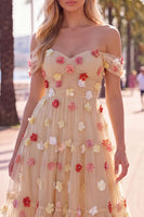Load image into Gallery viewer, Floral Red Off the Shoulder A Line Tulle Long Wedding Guest Dress