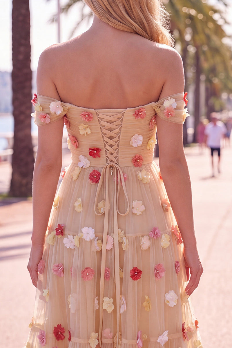 Load image into Gallery viewer, Floral Red Off the Shoulder A Line Tulle Long Wedding Guest Dress