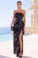 Load image into Gallery viewer, Floral Green Strapless Ruched Sheath Long Wedding Guest Dress with Slit
