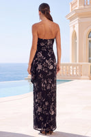 Load image into Gallery viewer, Floral Green Strapless Ruched Sheath Long Wedding Guest Dress with Slit