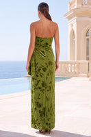 Load image into Gallery viewer, Floral Green Strapless Ruched Sheath Long Wedding Guest Dress with Slit