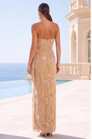 Load image into Gallery viewer, Floral Green Strapless Ruched Sheath Long Wedding Guest Dress with Slit