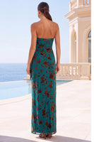 Load image into Gallery viewer, Floral Green Strapless Ruched Sheath Long Wedding Guest Dress with Slit
