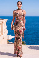 Load image into Gallery viewer, Coffee Floral Cold Shoulder Mermaid Neck Scarf Long Wedding Guest Dress
