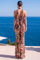Load image into Gallery viewer, Coffee Floral Cold Shoulder Mermaid Neck Scarf Long Wedding Guest Dress