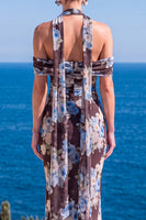 Load image into Gallery viewer, Coffee Floral Cold Shoulder Mermaid Neck Scarf Long Wedding Guest Dress
