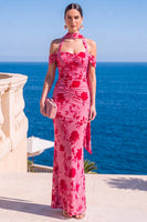 Load image into Gallery viewer, Coffee Floral Cold Shoulder Mermaid Neck Scarf Long Wedding Guest Dress