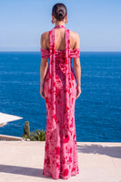 Load image into Gallery viewer, Coffee Floral Cold Shoulder Mermaid Neck Scarf Long Wedding Guest Dress