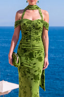 Load image into Gallery viewer, Coffee Floral Cold Shoulder Mermaid Neck Scarf Long Wedding Guest Dress