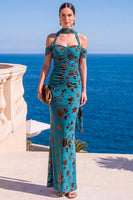Load image into Gallery viewer, Coffee Floral Cold Shoulder Mermaid Neck Scarf Long Wedding Guest Dress