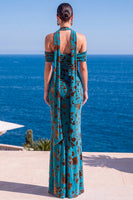 Load image into Gallery viewer, Coffee Floral Cold Shoulder Mermaid Neck Scarf Long Wedding Guest Dress